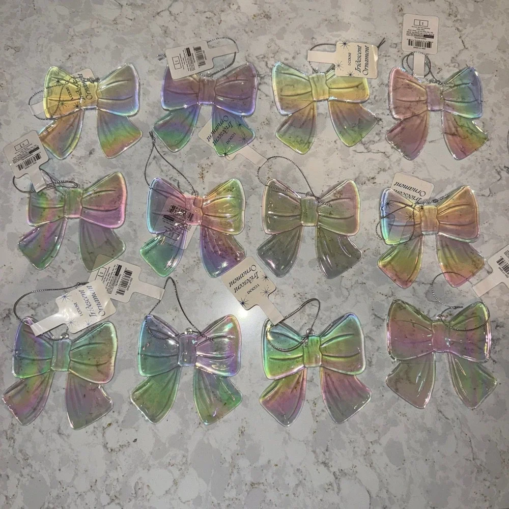 12pc Iridescent Bow Christmas Ornaments Set Pastel Holographic Coquette Decor